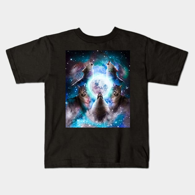 Cosmic Space Wolf Wolves Howling At Moon Kids T-Shirt by Random Galaxy